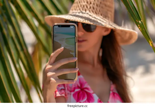 Woman Taking Selfie on the Beach with Palm Leaves in Background