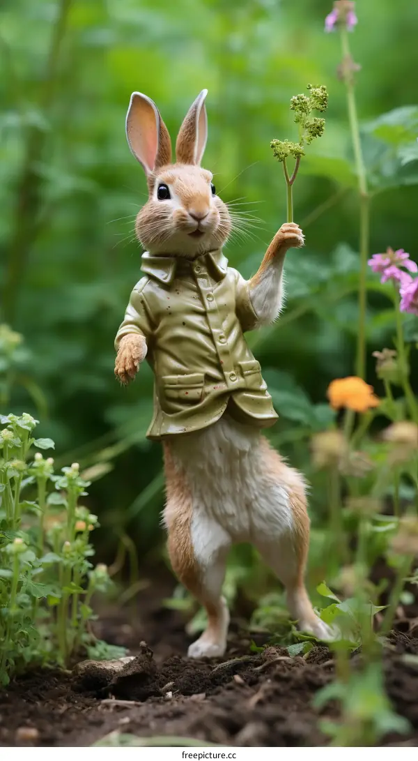A Rabbit in a Green Shirt Exploring a Garden