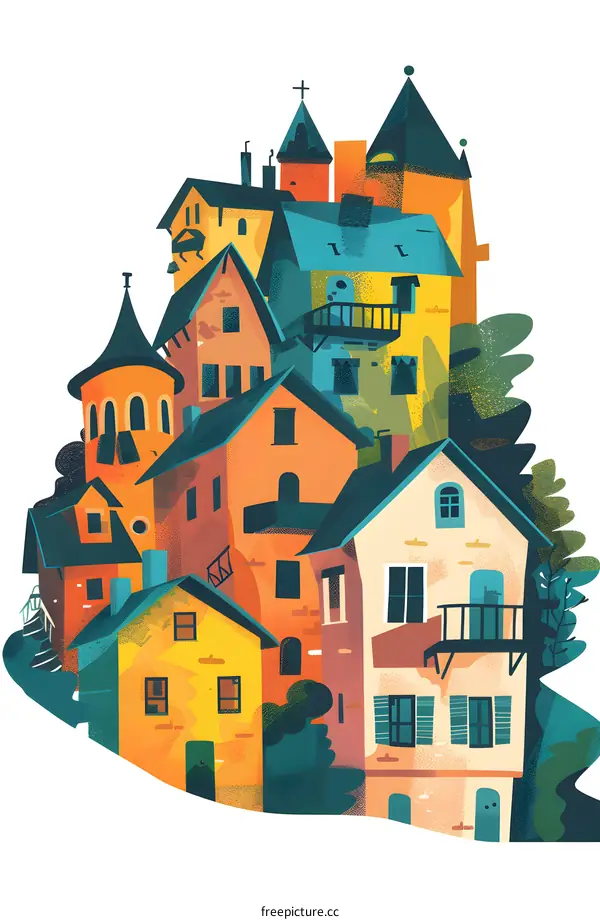 Colorful Illustration of a European Village