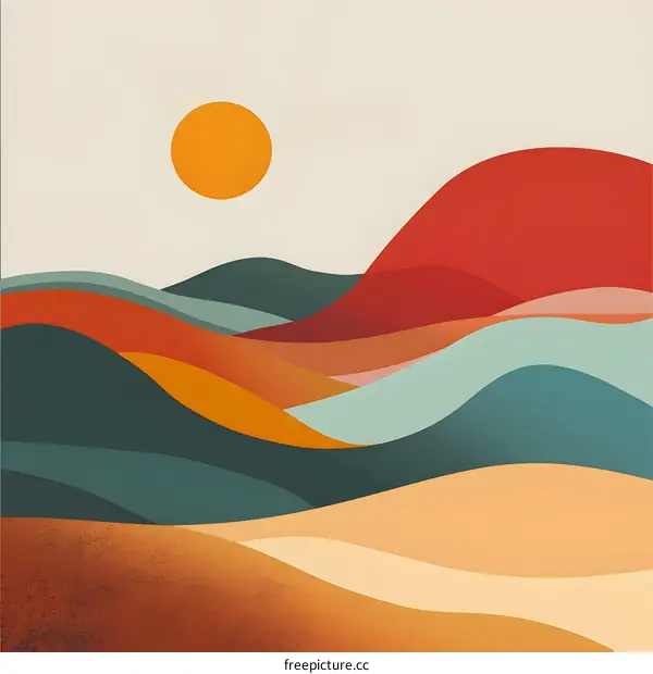 Abstract Mountain Landscape with Sun in the Sky
