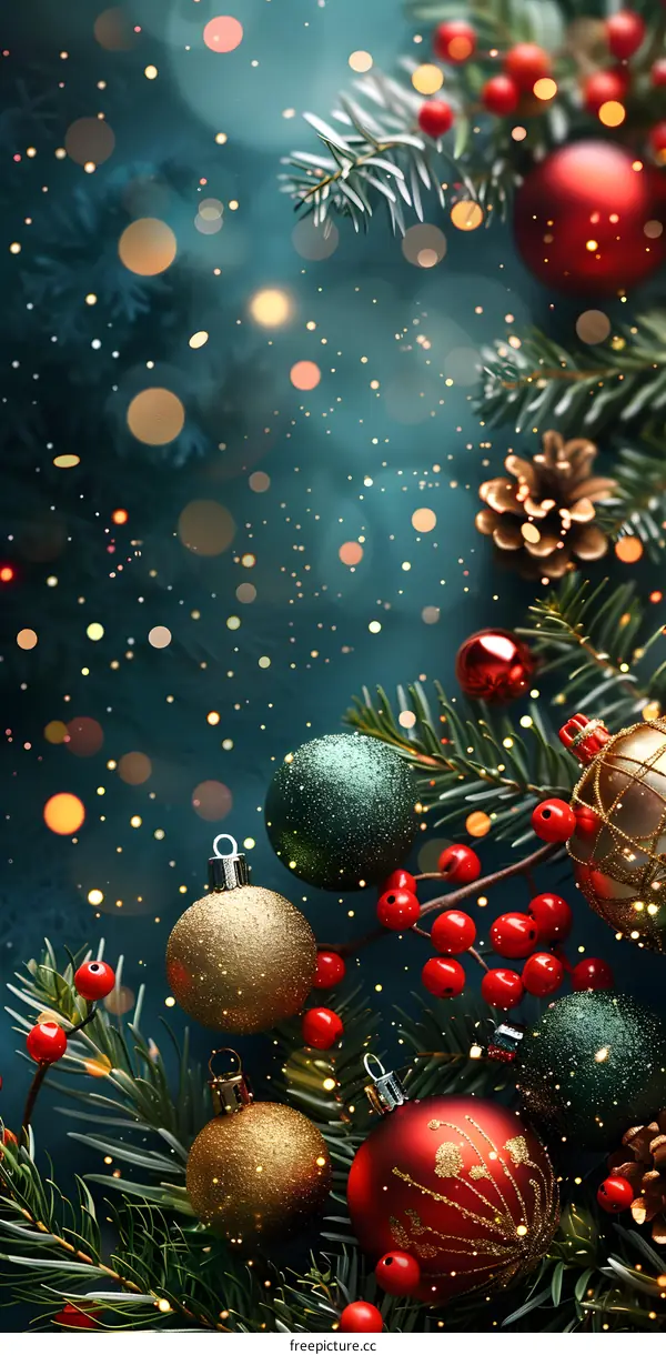 Christmas background with fir branches and red and gold ornaments