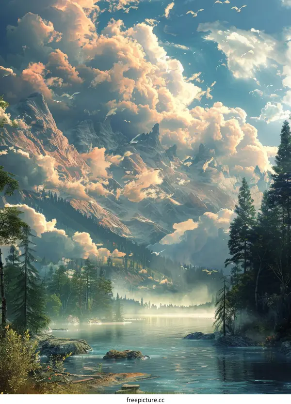 Misty Mountain Lake Sunrise Landscape