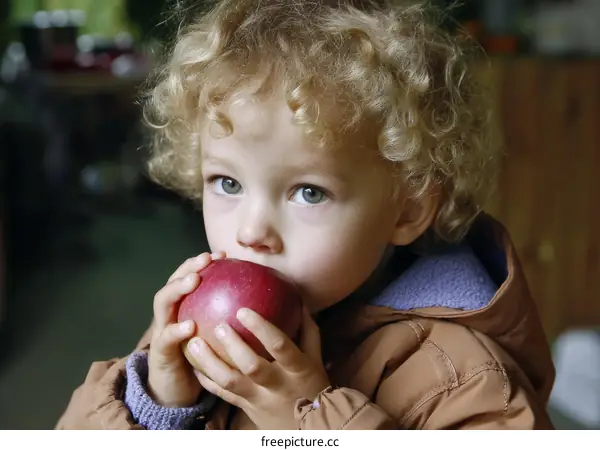 Adorable Child Eating a Red Apple Close-up