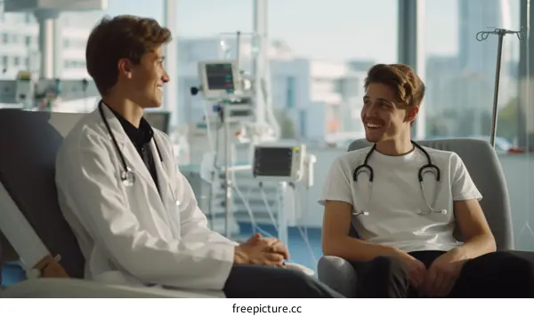 Two young male doctors in white coats are sitting in a hospital room and talking