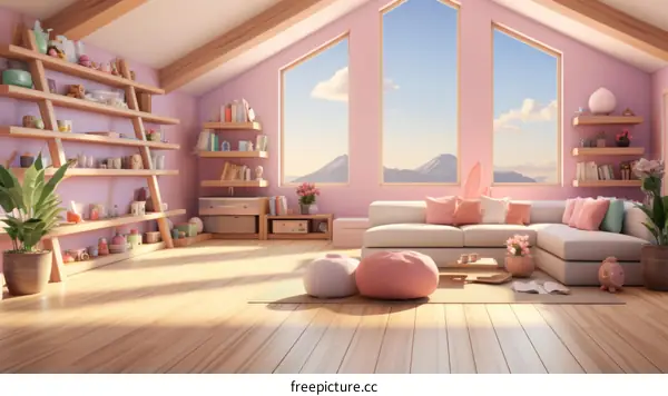A cozy living room with a large window and a pink sofa