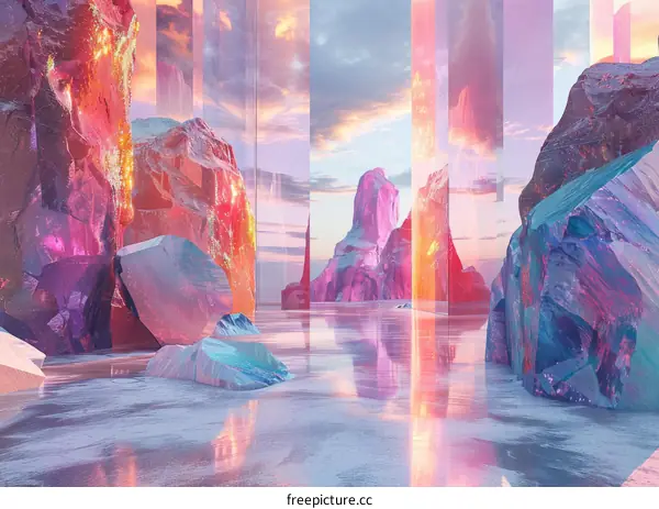 Fantasy landscape with floating rocks and crystals