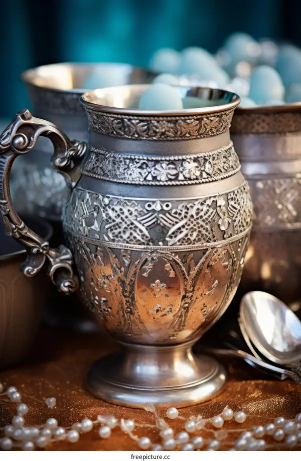 ornate silver goblet with blue candy