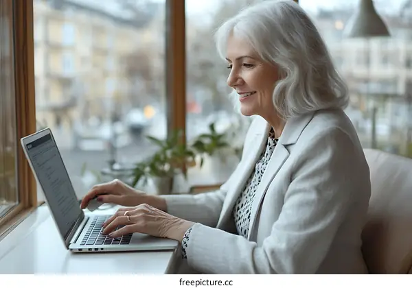Senior Woman Working on Laptop by the Window