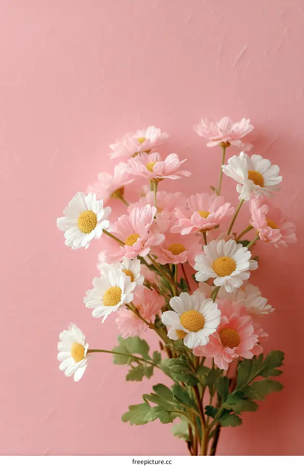 Delicate Pink and White Daisy Bouquet Against a Soft Pink Background