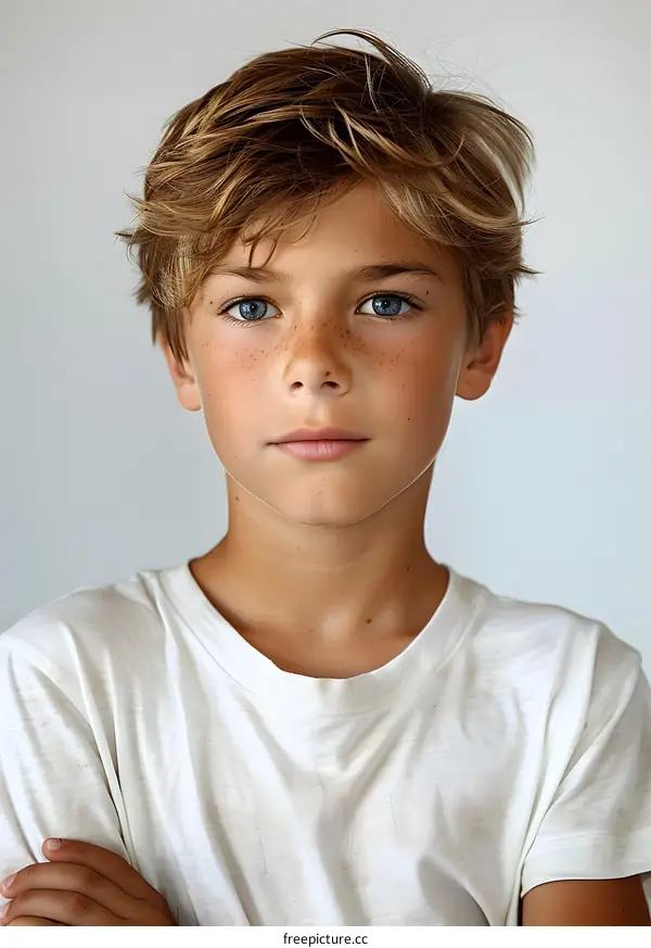 Portrait of a Young Boy with Blue Eyes and Freckles