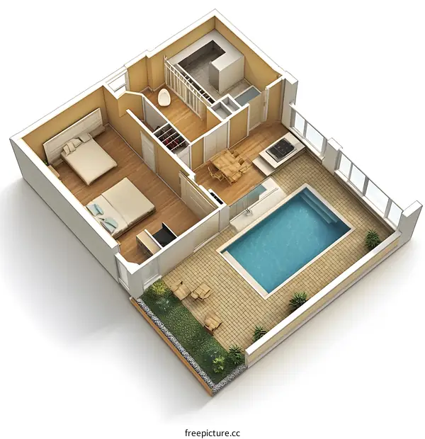 Top View 3D Illustration of House with Pool