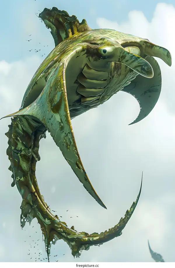 A green manta ray with a bird-like head and a long tail soars through the sky.