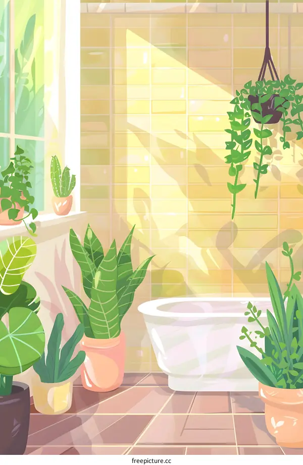 Bathroom Interior Design with Plants and Sunlight