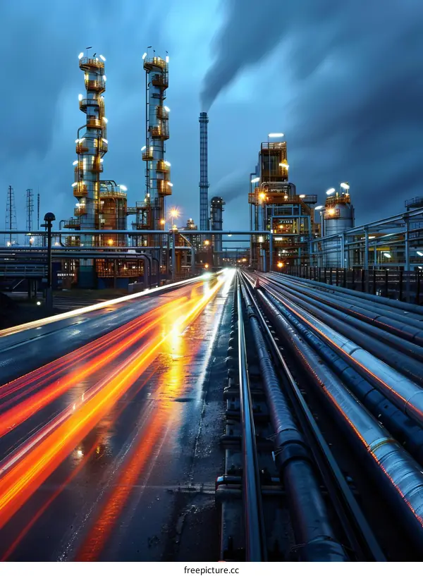 Oil refinery at night with light trails from traffic