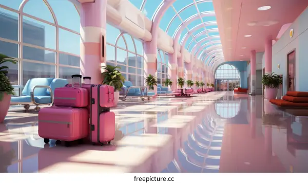 Pink Retro Futuristic Airport Terminal with Large Windows