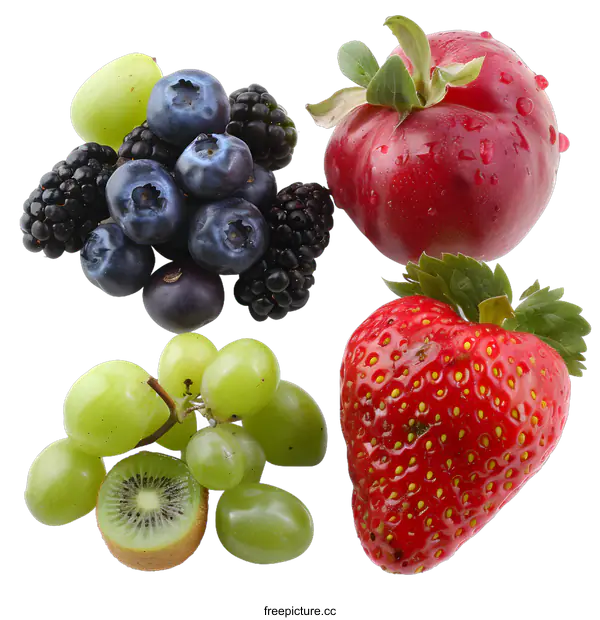[Transparent Background PNG]Fresh Fruit Mix with Grapes, Blueberries, Blackberries, Strawberry and Kiwi