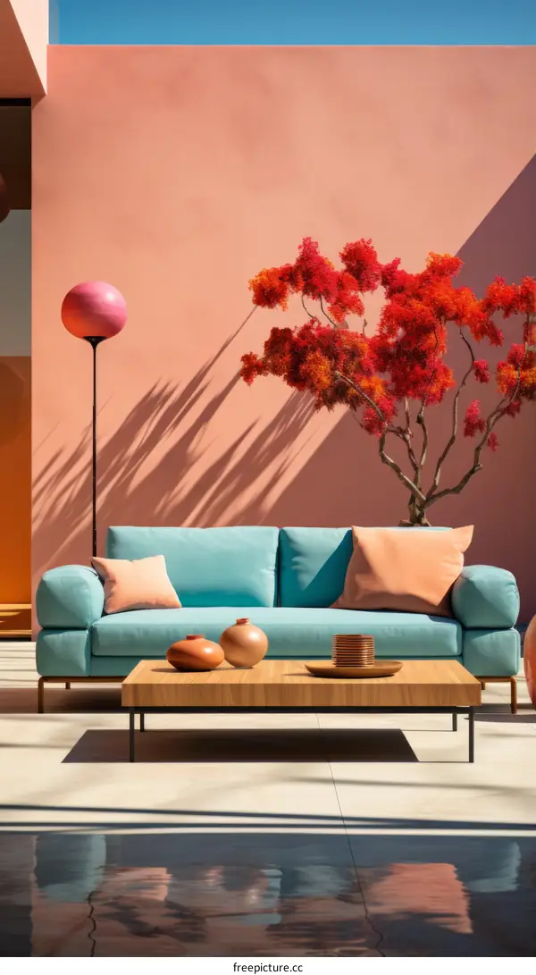 A beautiful living space with a blue sofa, pink pillows, and a red tree