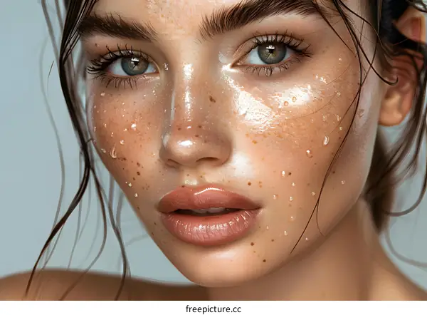 Close-up portrait of a beautiful young woman with wet face