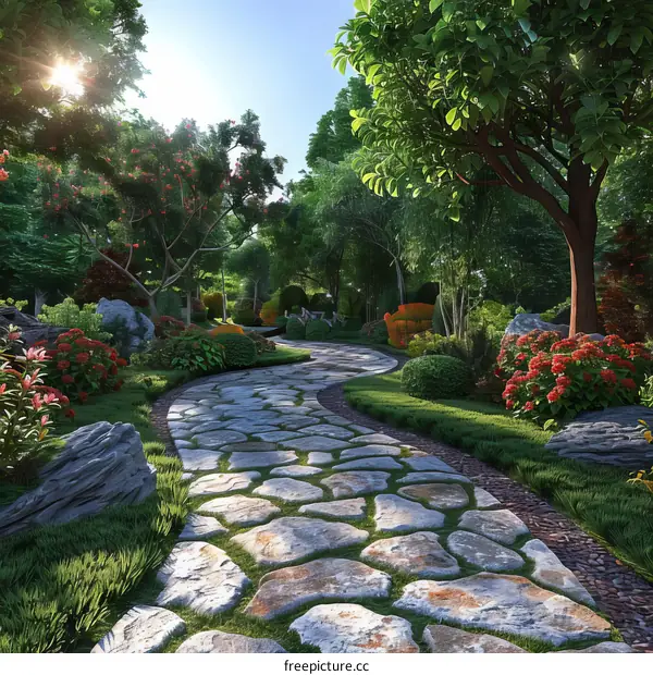 Stone path in a lush garden