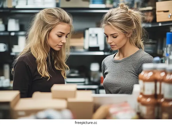 Two Caucasian Women Working in Warehouse