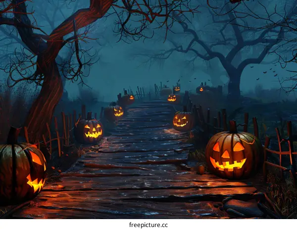 Spooky Halloween Forest Path with Jack-o'-Lanterns