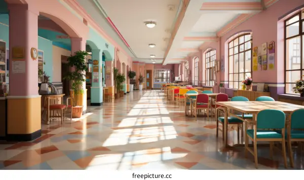 Bright and Colorful Canteen Interior with Retro Vibe
