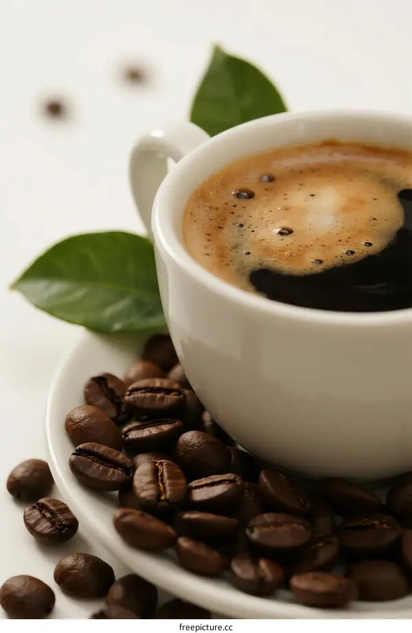 A cup of black coffee with coffee beans and green leaves around
