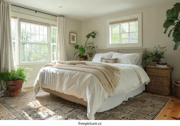 A Bright and Airy Bedroom With a Mix of Patterns and Textures