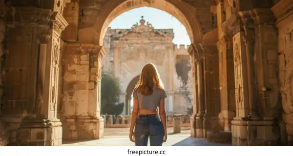 Young woman standing in front of an ancient archway