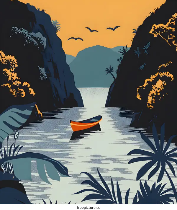 Tropical Landscape with a Boat in a Mountain Cove