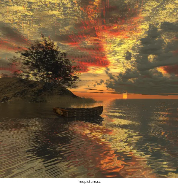 Solitary Boat at Sunset on a Tranquil Lake