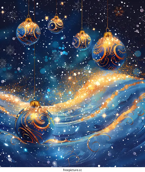 Christmas ornaments hanging from a string with a blue and gold background