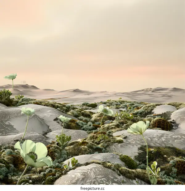 Artistic Desert Landscape with Blooming Flowers