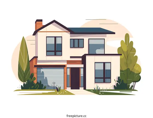 Modern Two Story House with Lawn and Trees