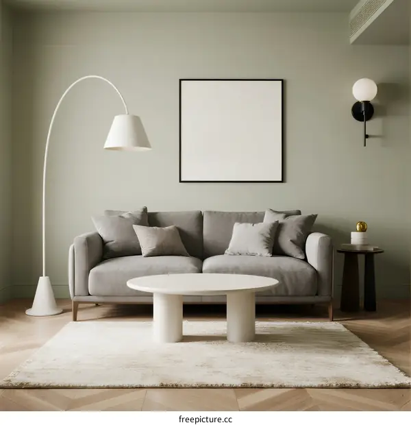 Modern living room with gray sofa and white round coffee table