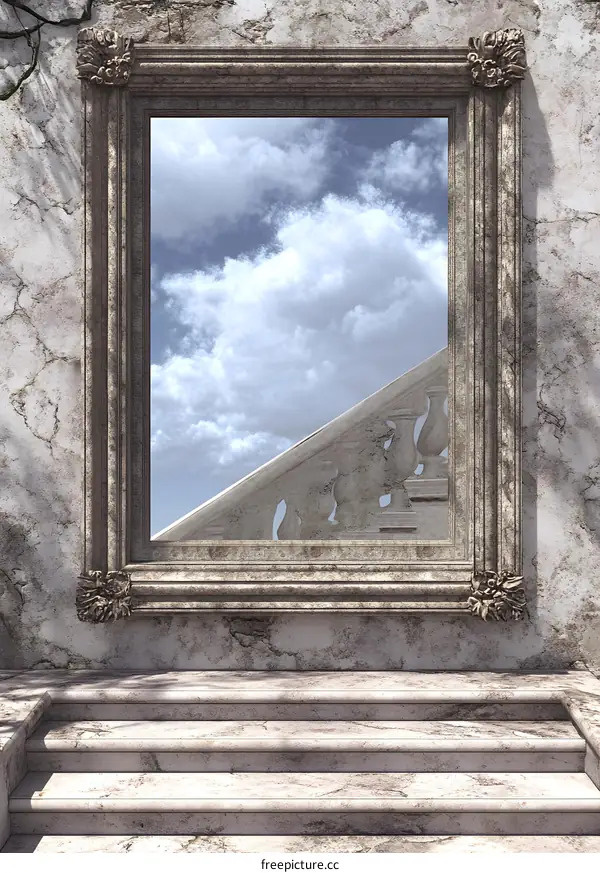 Ornate Frame Reflecting Stairway Leading to Sky