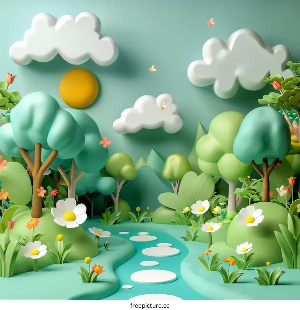 Cartoon illustration of a whimsical forest with a river running through it