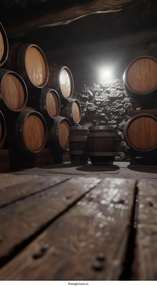 An image of a wine cellar with wooden barrels stacked in the background and a few barrels in the foreground.