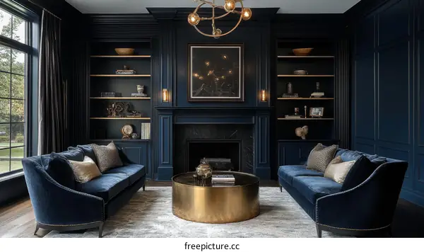 Dark Blue Living Room with Fireplace and Bookshelves