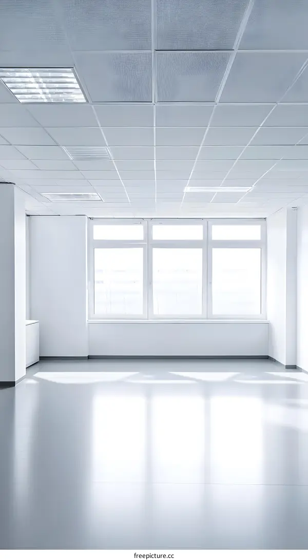 Empty White Room with Large Windows and Ceiling Tiles