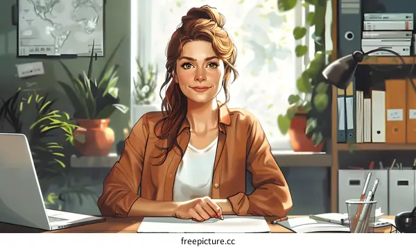 portrait of a young woman sitting at a desk in an office