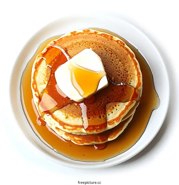 Stack of pancakes with butter and syrup