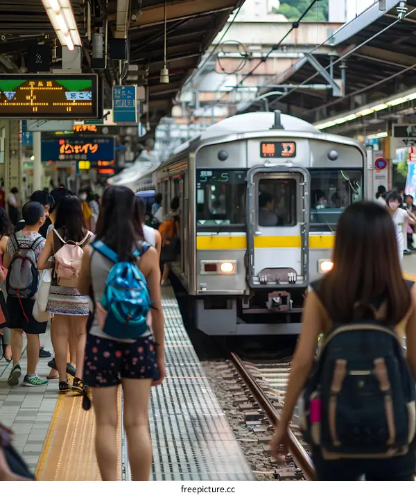 Train Station in Japan with People Waiting for the Train