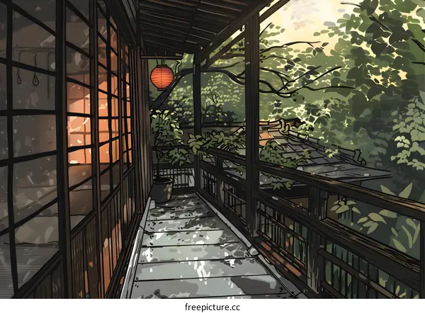 Japanese Style Balcony With Red Lantern