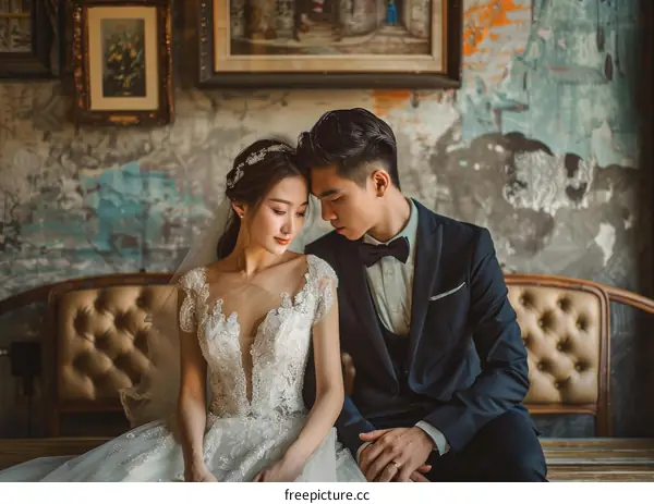Asian couple in wedding dress and suit for prewedding photoshoot