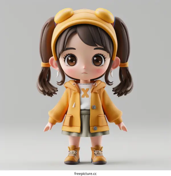 3D cute cartoon girl character with brown hair wearing a yellow jacket and green skirt