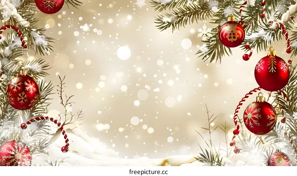 Christmas tree branches and red Christmas balls with Christmas decorations