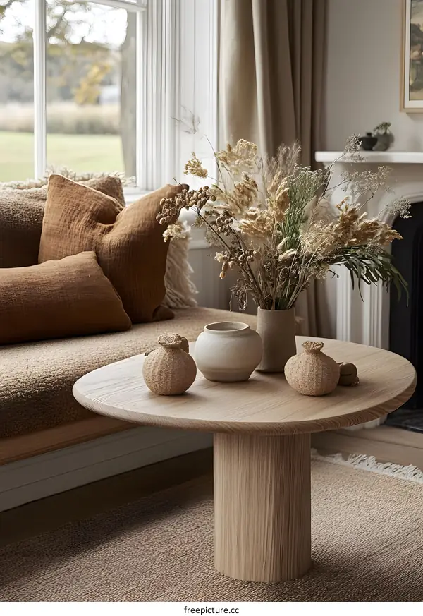 Minimalist Home Decor with Dried Flowers and Wooden Table