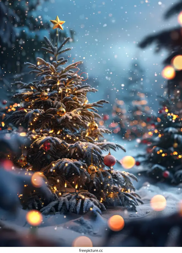 Snowy Christmas Tree Decorated with Lights