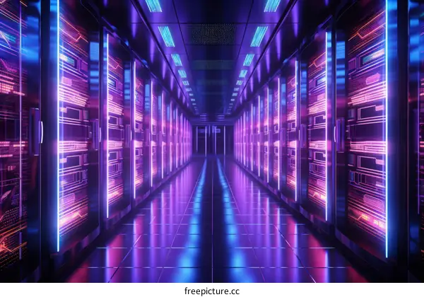 Futuristic server room with glowing neon lights